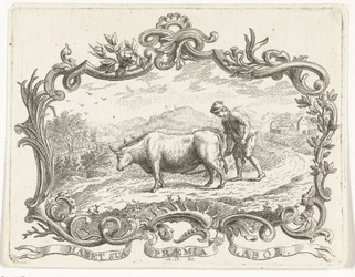 Boer die een akker ploegt met twee ossen, in cartouche