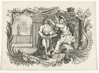 Minerva beloont of huldigt man voor zijn werk, in cartouche