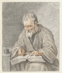 Oude man, schrijvend in boek