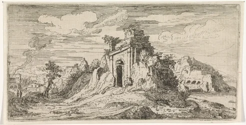 Landschap met de ruïnes van een poort