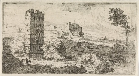 Landschap met vierkante toren