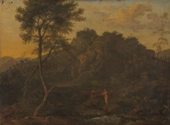 Nimf en herder musiceren in een landschap