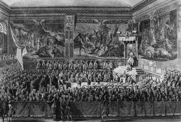 Begin van de Franse Revolutie: Bed van Justitie gehouden in Versailles op 6 augustus 1787 door de koning van Frankrijk Louis XVI