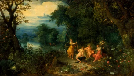 Een landschap met bos, Diana biedt een haas aan een nimf, Silenus en Ceres op de voorgrond, ca. 1614