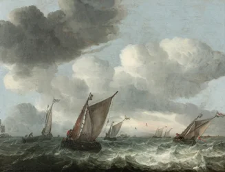 Vissersboten voor de kust in een woelige zee