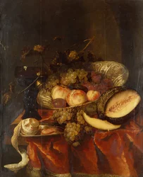 Fruit in een Wanli Craak Porseleinen Kom met een Glas, Meloen en Tinbord