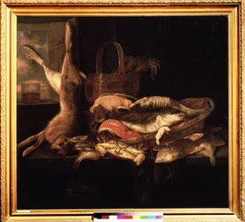 Stilleven met vissen en een dode haas