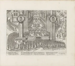 Uitzicht op de buitenkant van Westminster Abbey tijdens de kroning van James I