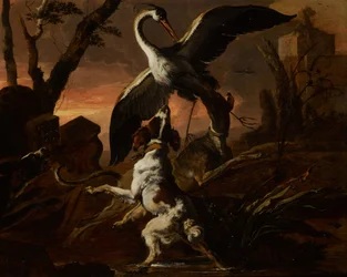 Drie honden vallen een kraanvogel aan in een landschap