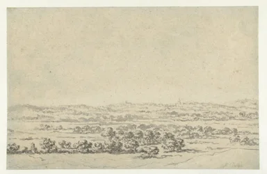 Rivierlandschap met een toren in de verte