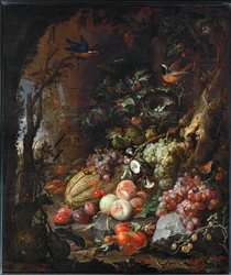 Bloemen, fruit, vogels en insecten in een landschap van ruïnes ...