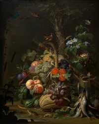 Stilleven met fruit, vis en een nest
