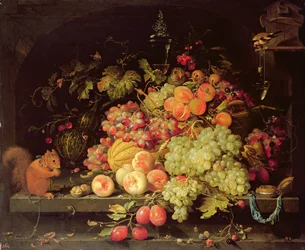 Stilleven met fruit, eekhoorn en distelvink