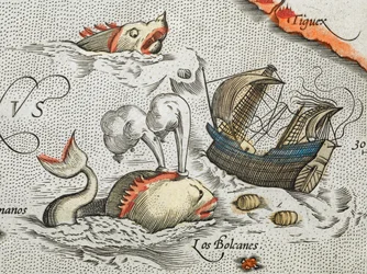 Zeemosters die een schip aanvallen (detail)