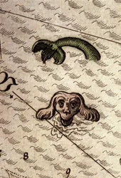 Een zeemonster heeft een hondenkop en een vissenlichaam. Detail van een kaart in Theatrum Orbis Terrarum door Abraham Ortelius, Antwerpen 1584.