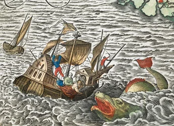 Een schip wordt aangevallen door een zeemonster uit Typus orbis terrarum, door Abraham Ortelius