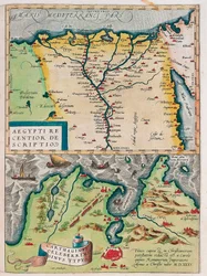 Aegypti Recentior Descriptio. - Carthaginis Celeberrimi Sinus Typus. Geografische kaart van Egypte met de steden van de Nijl en Carthago (Tunesië) uit 