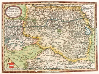Austria Ducatus Chorographia Wolfgango Lazio Auctore Geografische kaart van het gebied van Oostenrijk met de Donau en de stad Wenen uit 