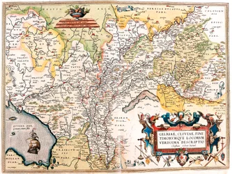 Gelriae, Cliviae, Finitimorum Qe Locorum Verissima Descriptio Christiano Schrot. Auctore. Geografische kaart van het gebied van de Duitse Nederlanden uit 