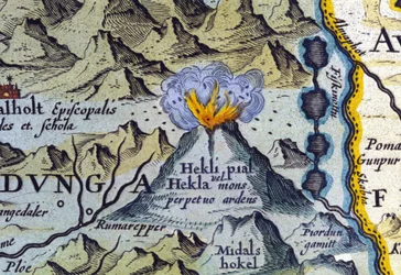 Hekla vulkaan in IJsland. Atlas van Abraham Ortelius, Amsterdam 1588
