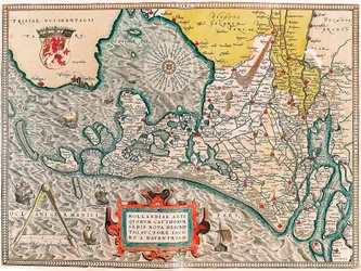 Hollandiae antiquorum catthorum sedis nova descriptio, auctore lacobo a daventria Geografische kaart van het gebied van Nederland met de steden Amsterdam en Haarlem... uit 