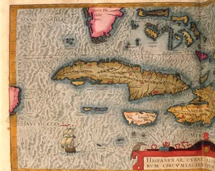Kaart van Cuba en Jamaica, uit Theatrum Orbis Terrarum door Abraham Ortelius, gedrukt in Antwerpen