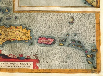 Kaart van het eiland Hispaniola, Santo Domingo, Puerto Rico en deel van de Antillen door Abraham Ortelius