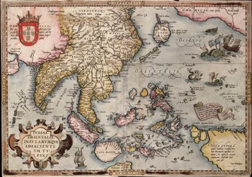 Kaart van de Oost-Indië door Ortelius, ca. 1570 (gekleurde gravure)