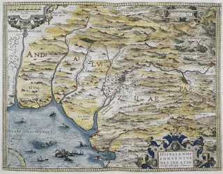 ORTELIUS, Abraham (1527-1598). Theatrum Orbis Terrarum. 1570. Het wordt beschouwd als de eerste moderne atlas. CHAVES, Jeronimo de (1523-1574). Wiskundige, astronoom en navigator. Kaart van West-Andalusië. Gebaseerd op de kaart van Hieronimus Chiaves (Jero