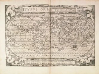 Planisfeer uit Theatrum Orbis Terrarum door Abraham Ortelius, gedrukt in Antwerpen