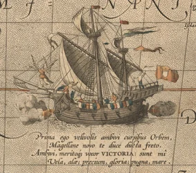 De Victoria, een Spaanse karak, schip van Ferdinand Magellans Armada de Molucca. Uit Maris Pacifici
