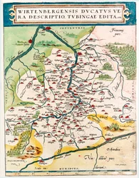 Wirtenbergensis Ducatus Vera descriptio, Tubingae edita 1558 Geografische kaart van het gebied van Baden-Wuerttemberg, Duitsland uit 