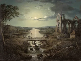 Maanverlichte Zicht op de Rivier Tweed met Melrose Abbey op de Voorgrond en Figuren op een Brug