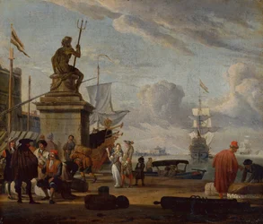 Een Capriccio Middellandse Zeehaven met elegante figuren en kooplieden