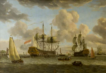 Een Nederlandse scheepvaartscène met schepen in de monding van de rivier de IJ