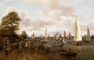 Een panoramisch uitzicht op Amsterdam met een schuit en kleine schepen op de Buiten-Amstel