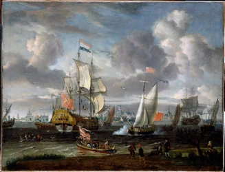 Een Engels jacht dat een Nederlands oorlogsschip groet in de haven van Rotterdam