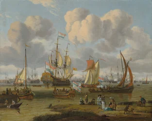 Dutch: Schepen op het IJ voor Amsterdam Shipping off Amsterdam with figures on a quay