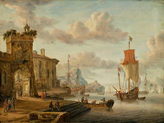 Havengezicht met oude ruïnes