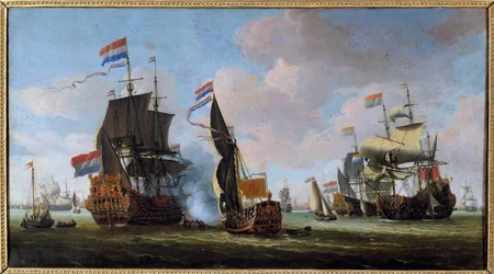 Marine: scène van een zeeslag. Schilderij van Abraham Storck (1635-1710), 17e eeuw, Angers, Museum voor Schone Kunsten