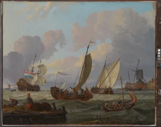 Schepen die een windmolen passeren, ca. 1690