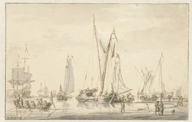 Strandgezicht met afgemeerde schepen