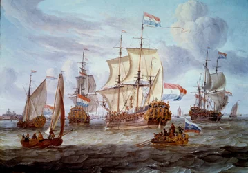 De fregat Peter en Paul in de haven van Amsterdam. Schilderij door Abraham Storck (17e eeuw)