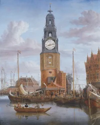 Uitzicht op de Haringspacker Toren in Amsterdam, met een werkende klok in het schilderij, 1684