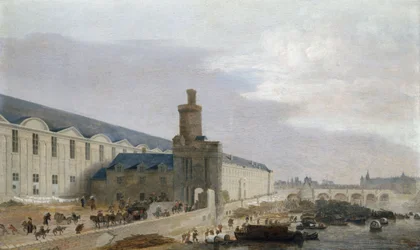 Frans: La Grande Galerie du Louvre avec la porte Neuve et la tour de Bois Uitzicht op Parijs met de Grande Galerie van het Louvre, de Tour de Bois en de Pont Neuf