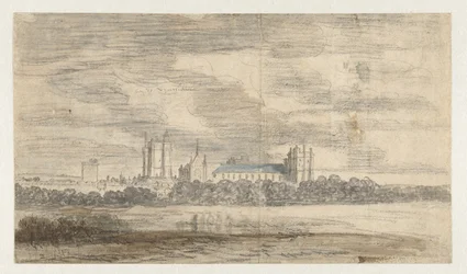 Gezicht op het kasteel van Vincennes, achter een rij bomen