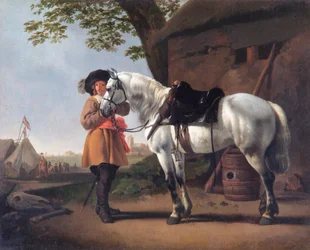 Een cavalerist met een grijs paard