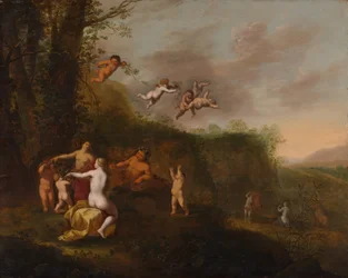 Bacchus en Nimfen in een Landschap