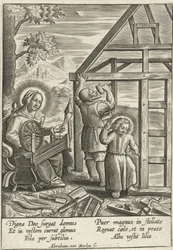 Christus helpt Jozef bij het bouwen van een huis