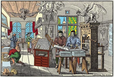 Interieur van een drukkerij in Neurenberg, Duitsland: arbeiders aan het werk, begin 17e eeuw - gegraveerd door Abraham van Werdt.